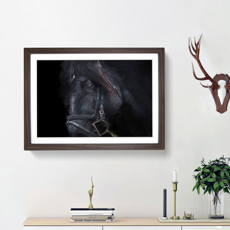 Enchanting Black Stallion Horse - Picture Frame Painting Print, 36cm H x 48cm W x 2cm D, Walnut Framed