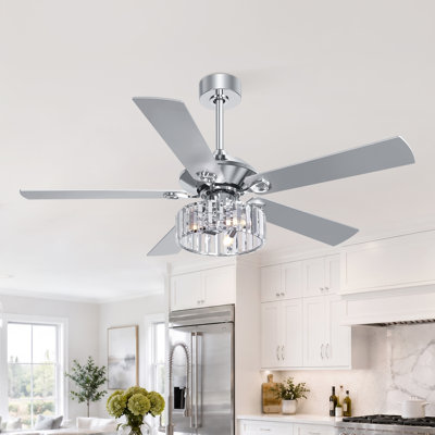 52" Crystal Ceiling Fan with Lights and Remote, Modern 5-Blade Ceiling Fan with Quiet Reversible DC Motor for Bedroom, Living Room & Dining Room