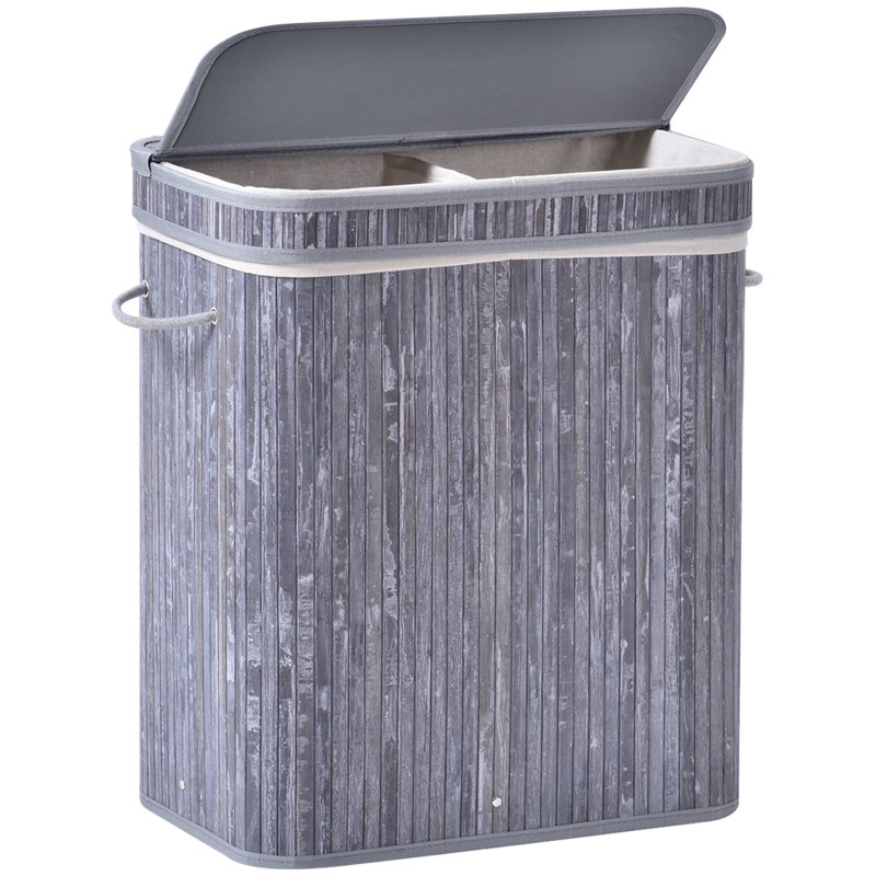 HOMCOM 100L Natural Wood Laundry Basket A Compartment w/ Flip Lid Grey, Grey, 63 H cm x 52 W cm x 32 D cm