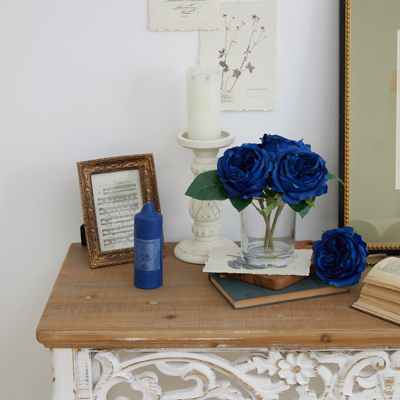 Faux roses en soie dans un vase en verre pour la décoration de la maison ou des toilettes, Bleu marine