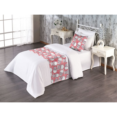 Ambesonne Skull Bed Runner Set Skeleton Heads Meadow Pattern  Coral and Dark Blue Grey