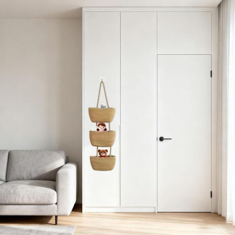 Wall Hanging Cotton Baskets, 3-Tier Woven Cotton Wall Basket,Woven Rope Over The Door Storage Wall Mount Hanging Cotton Baskets For Bedroom, Bathroom & Livingroom
