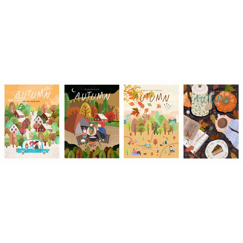 Autumn Life - Ensemble de 4 reproductions sur toiles tendues, H 16 po x l 12 po x P 1 po