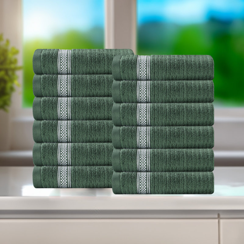 Amanita Zero Twist Cotton Ribbed Modern Geometric Border Soft Face Towel/Washcloth Set, Forest Green