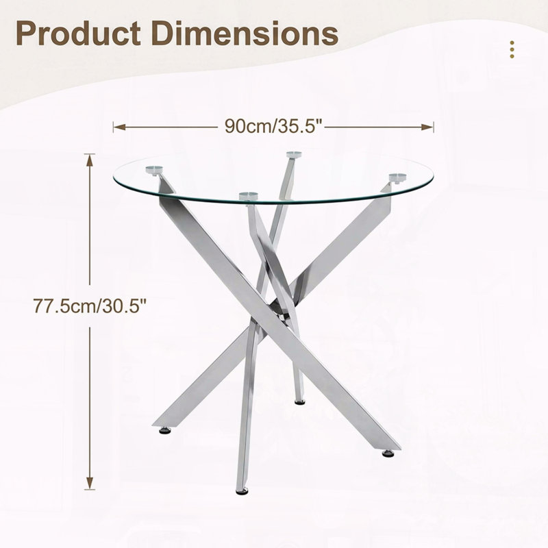Table de salle à manger 35,5 po - Pieds argentés, verre trempé 8 mm, Chrome chrome