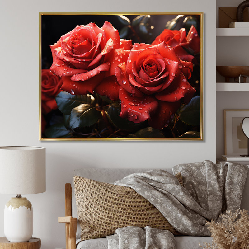 Roses rouges et noires lustrées du matin, H 12 po x l 20 po x P 1 po, Cadre flottant doré