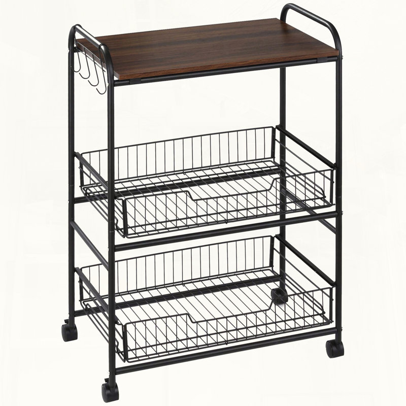 Walnut 3-Tier Rolling Kitchen Cart with Baskets