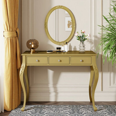Yusuf Makeup Vanity with Carved Oval Mirror & Jewelry Storage