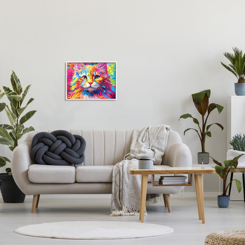 " Vivid Cat Painting " Print, Coastal White Framed Giclee, 16" H x 20" W x 1.5" D