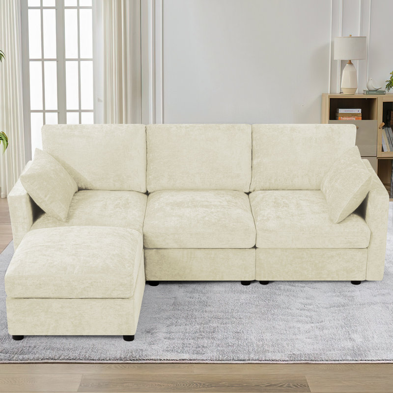84" Chenille Sectional Sofa With Reversible Ottoman, Modern Couch With Upholstered Cushion, Comfy 3-Seat Sofa For Living Room, Office