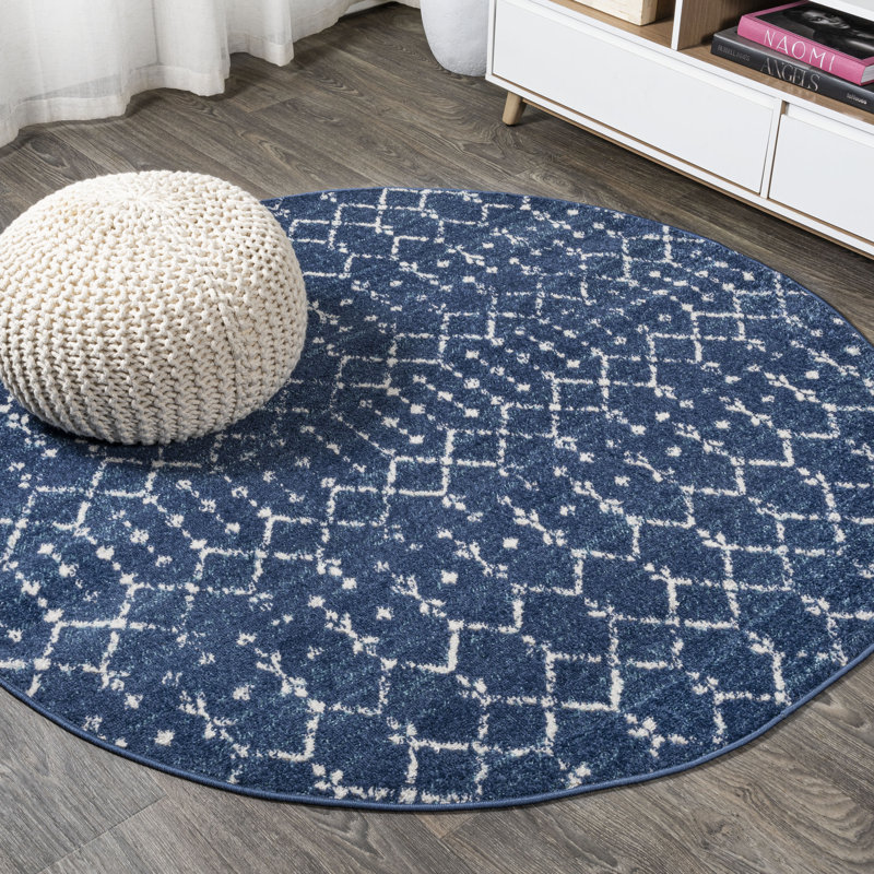 Kateshia Moroccan HYPE Boho Vintage Diamond Blue/White Rug, Round 5'