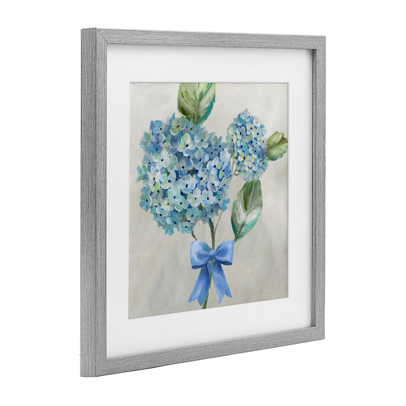 «Blue Bow Hydrangea Beauty», reproduction sous verre encadrée, design par Nan, Cadre de ferme gris, H 16 po x l 16 po