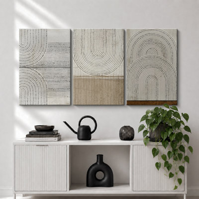 «Mid Century Modern Boho», motif géométrique de lignes géométriques abstraites, images neutres douillettes abstraites, ensemble de 3 impressions encadrées, impression numérique sur toile, impression numérique sur toile