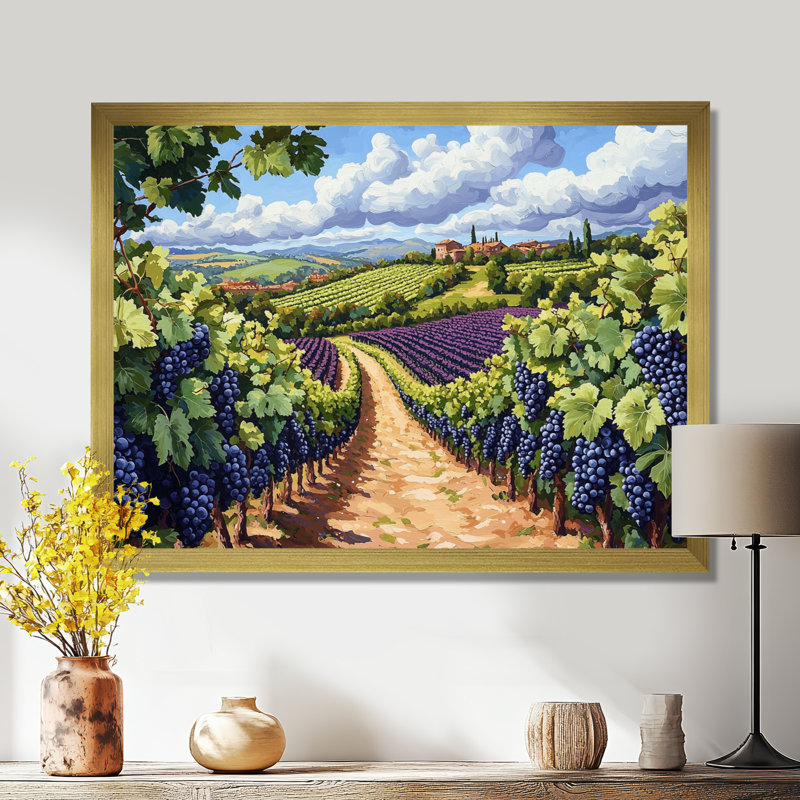 Vineyard In California Summer I - vignoble, art mural, H 12 po x l 20 po, Cadre simple, Doré