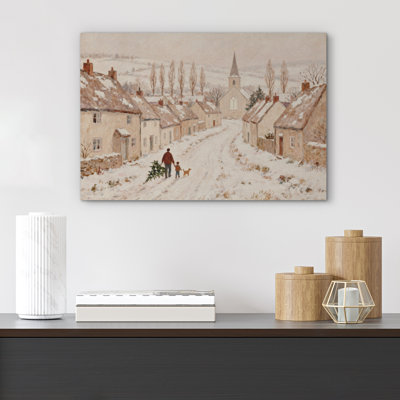 «Vintage Snowy Village with Father and Child Carrying Christmas Tree», reproduction d'art sur toile