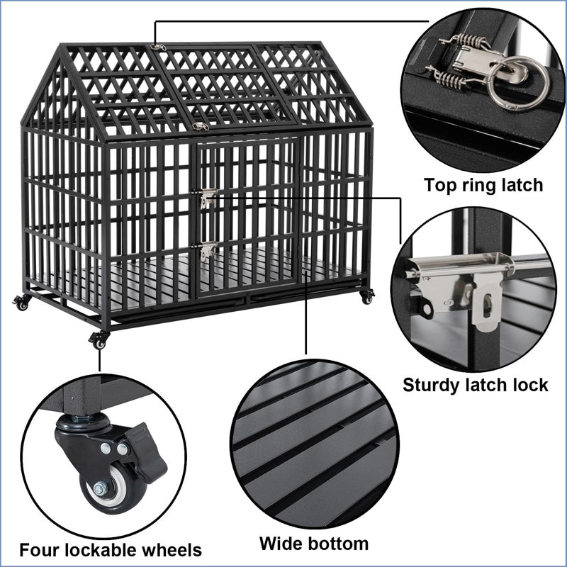 Cage pour chien 52 po en métal robuste avec 4 roues, 52 po, grande cage pour petits et moyens chiens, convenant à une utilisation intérieure et extérieure