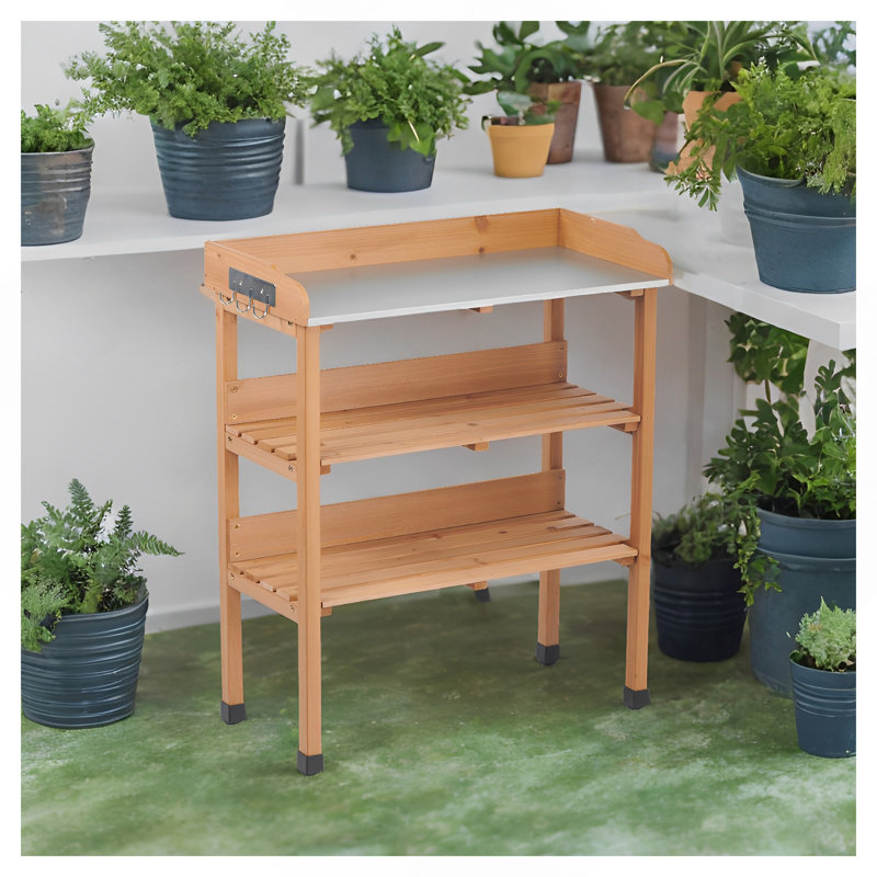 Table de rempotage 30 po x 14,5 po x 35,5 po avec plateau en métal, banc de travail extérieur à 3 couches avec crochet pour le jardin, poste de travail en bois massif pour le garage