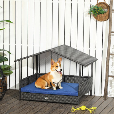 Dog House Outdoor With Canopy - , Water- Cushion For Small & Medium Dogs, Dark Blue Bed , Strong, ,