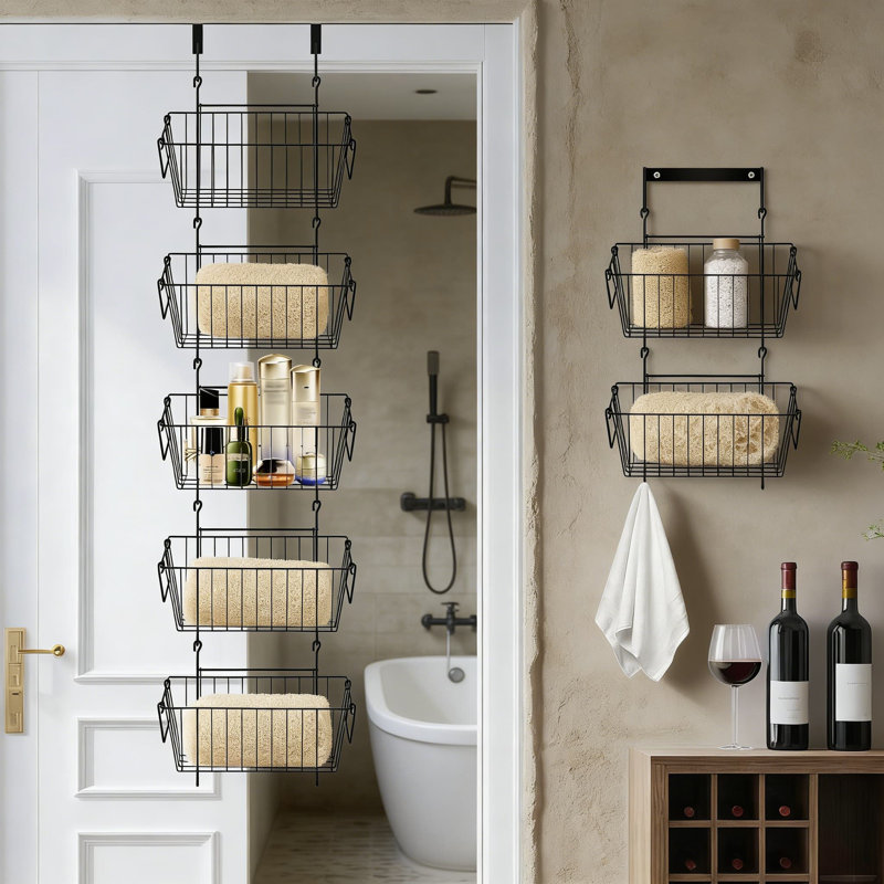 Over The Door Organizer With 5 Removable Baskets, No-Tool Multi-Mount Storage For Bathroom, Kitchen, Pantry & Garage, Wall Or Door Installation