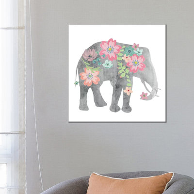 Girls Love Flowers Elephant 1 Piece Wrapped Canvas Wall Art