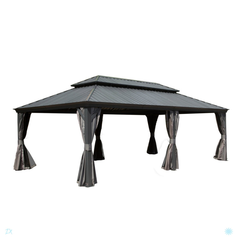 Hardtop Gazebo, Outdoor Gazebo With Galvanized Steel Double Roof, Aluminum Frame, Built-In Gutter System, Curtain And Netting, Metal Gazebo Pavilion For Patio Deck Garden