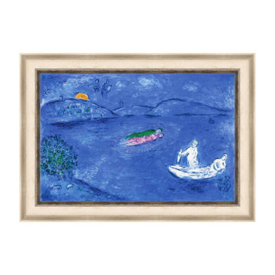 Tableau encadré sur toile « Bateau sur la rivière » de Marc Chagall, impression giclée, peinture surréaliste romantique onirique, décoration intérieure moderne (chêne blanc et gris minéral, 51 x 71 cm)