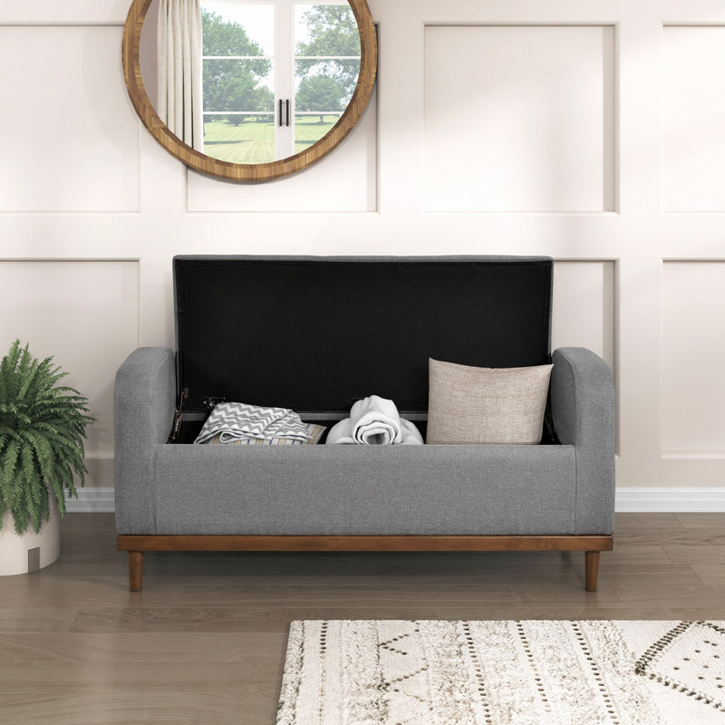 Gray Upholstered Mid-Century Modern Lift Top Storage Bench, Solid Wood Walnut Bedroom Piece Bench In Design, Fabric Upholstery,