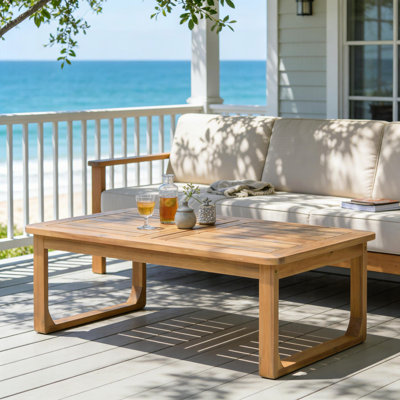 Table basse d'extérieur en bois d'acacia, table de patio rectangulaire avec pieds incurvés, finition en teck clair, durable et résistante aux intempéries, design minimaliste moderne pour la terrasse, le jardin et la piscine