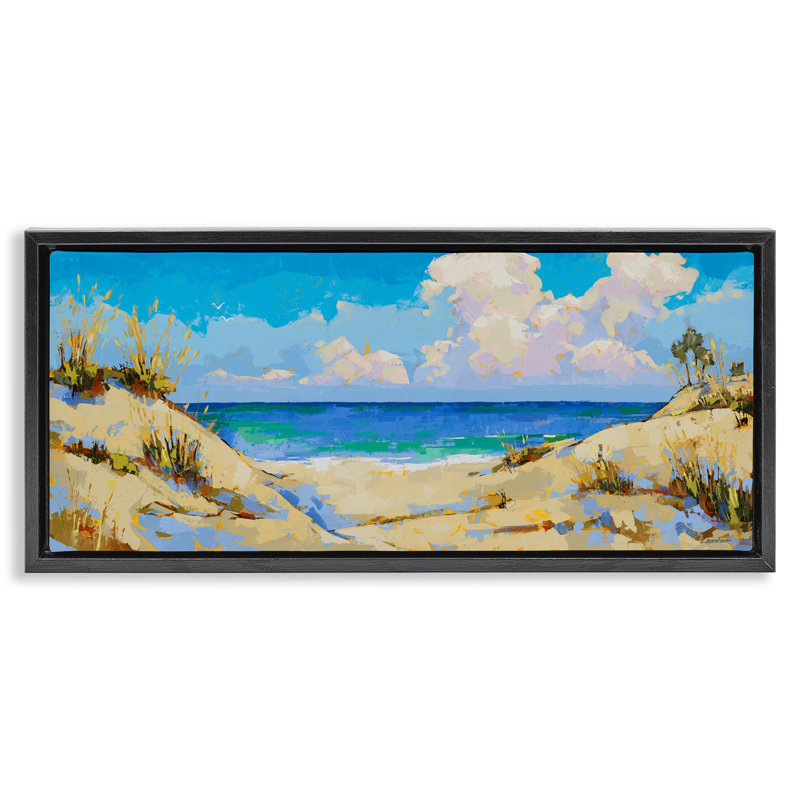Peinture de plage nuageuse, H 11 po x l 25 po, Cadre flottant noir de jais