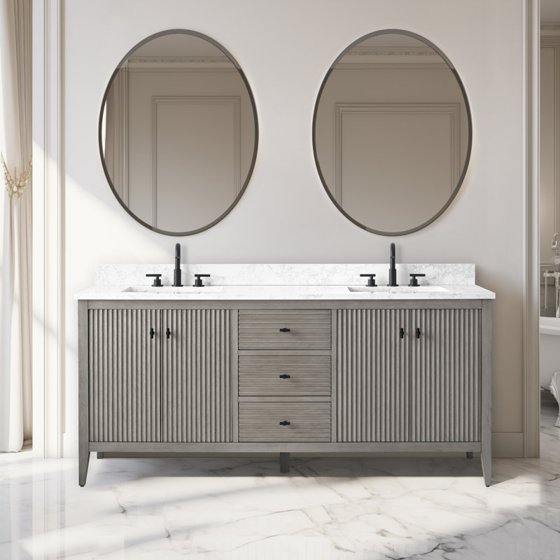 Ensemble de meuble-lavabo autoportant à double cuve 72 po avec plateau en marbre Lavallon, Gris flottant linéaire, Noir mat