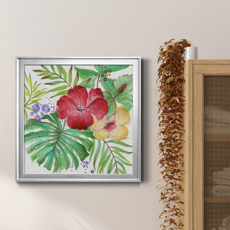 Fleurs tropicales - Peinture sur toile encadrée, Toile encadrée argentée, H 16 po x l 16 po x p 1 po