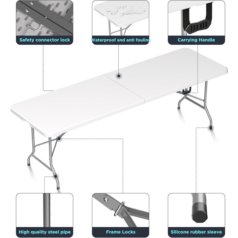 Folding Table Picnic Table, Portable Camping Table with Handle and Safety Lock, Foldable Dining Table Plastic Dining Table for Indoor and Outdoor Use, Suitable for Camping, Picnics and Parties