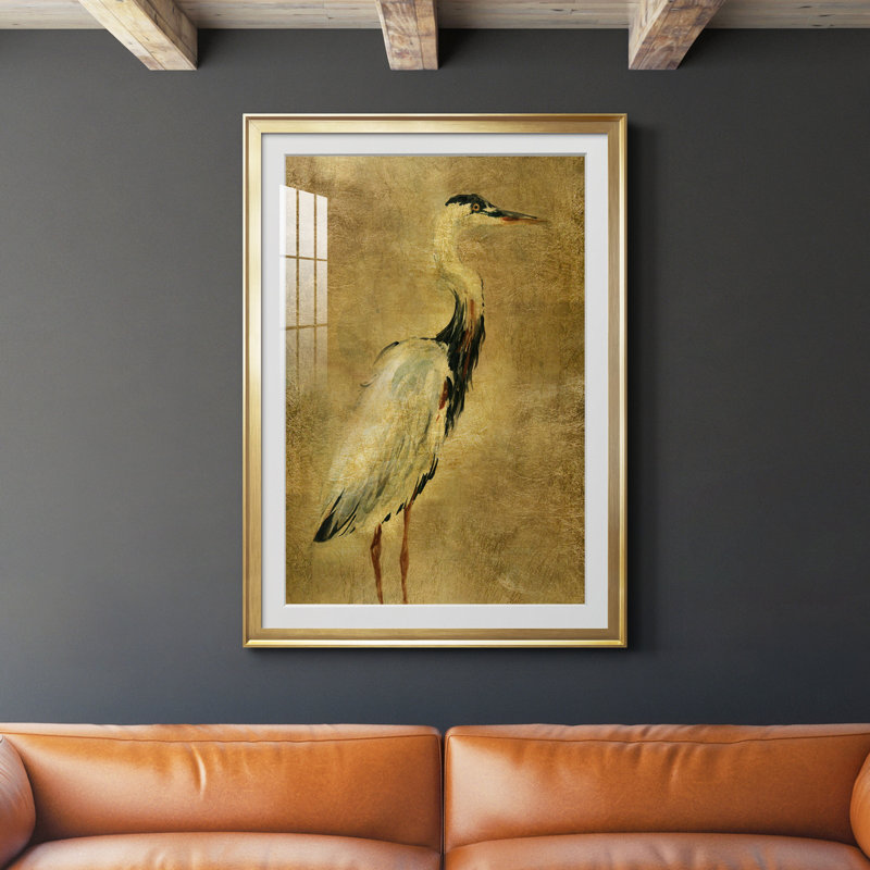 «Gold Crane at Dusk I», peinture sur toile encadrée, Or, H 26,5 po x l 36,5 po x P 1,5 po