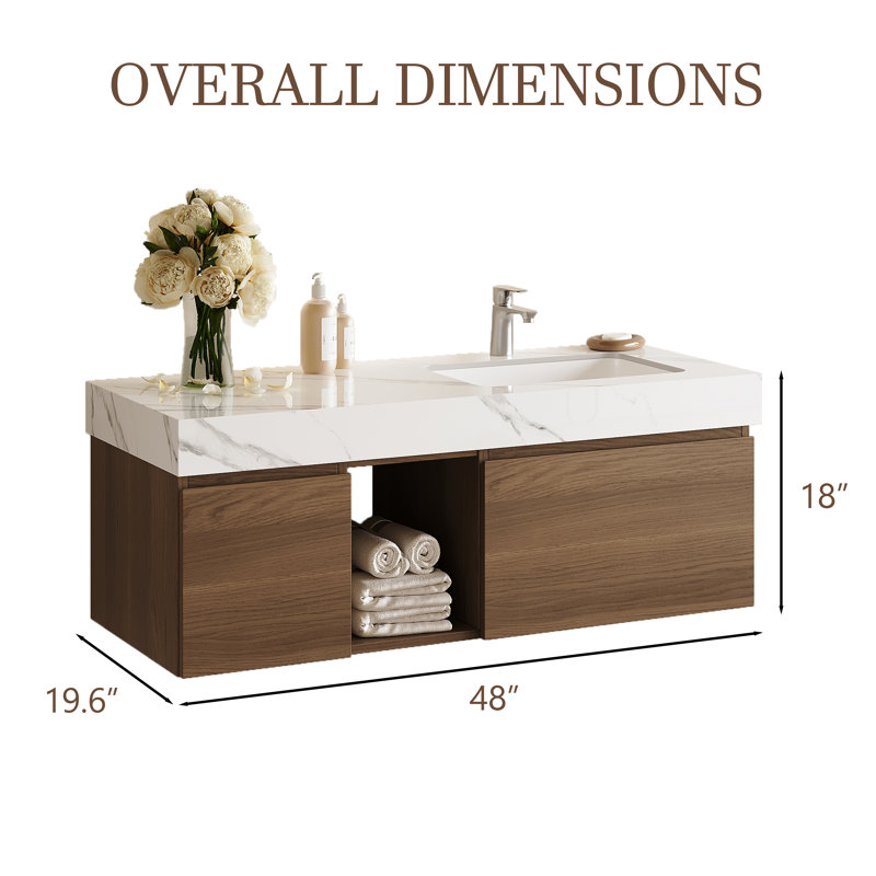 48" Wood Single Bathroom Vanity with Sink and Storage Cabinet, Brown, White, 48"