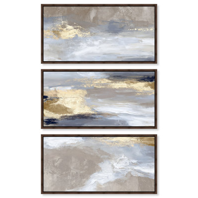 Gilded Ash II Framed Canvas Print Golden Abstract Art Set by Art Remedy, Walnut Frame, 40 x 20