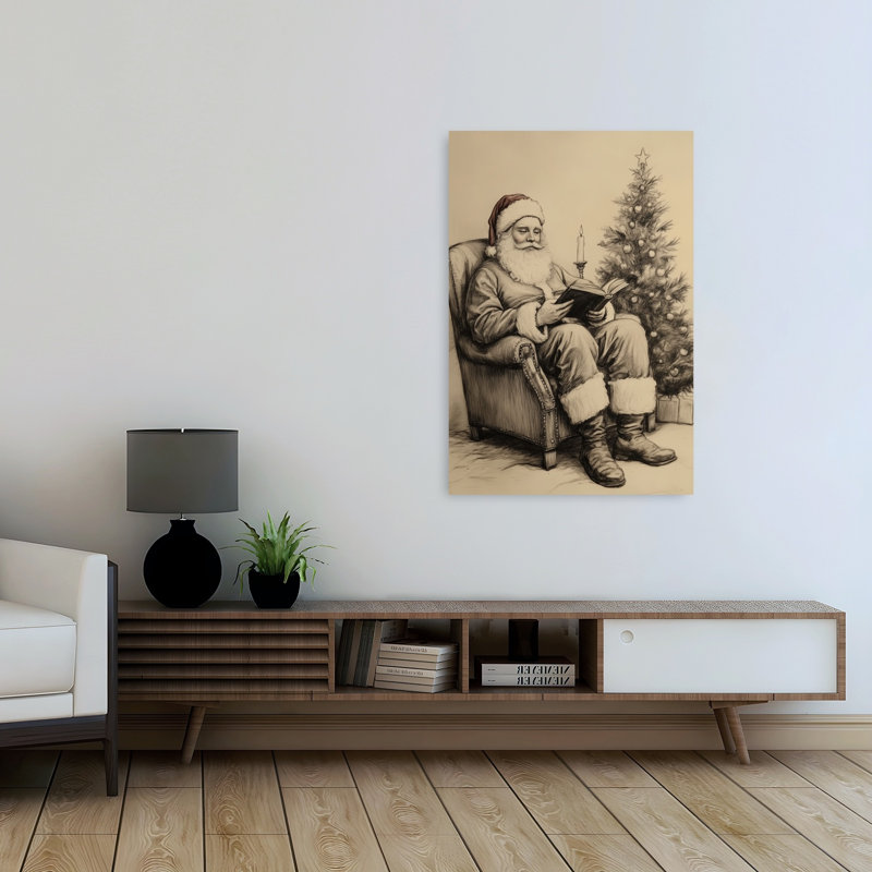 Père Noël lisant le livre de Noël classique paisible arbre de Noël traditionnel paysage d'hiver, reproduction d'art mural