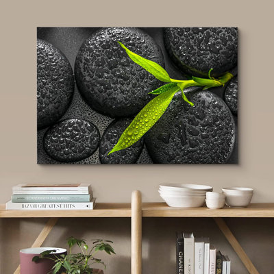Zen Stones " Large Smooth Zen Stones Black With Green Leaves "