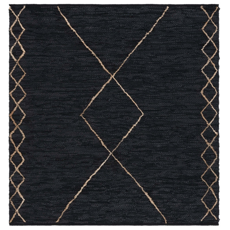 Tapis noir / naturel en cuir tissé à la main Anainah, Carré 6 pi