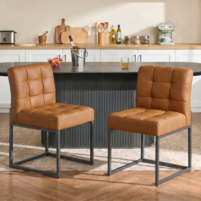 Brown Faux Leather Dining Chairs, Mid-Century Modern Dining Room Chairs with Armless, Checkered Kitchen Chair with Metal Legs