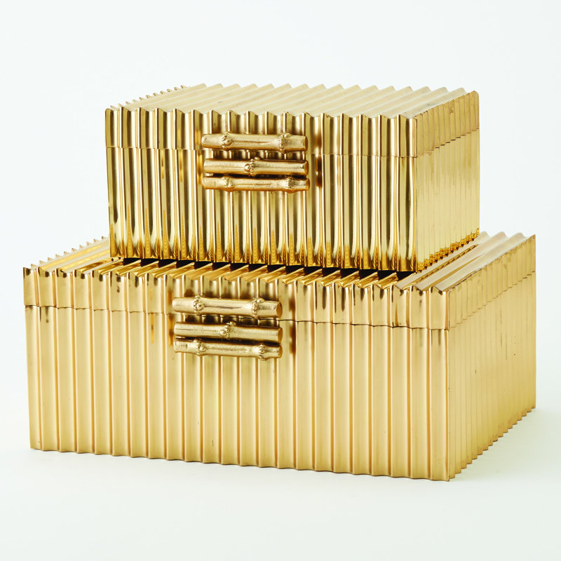 Corrugated Bamboo Box-Brass-Lg, Nickel, 4" H x 9" W x 6" D