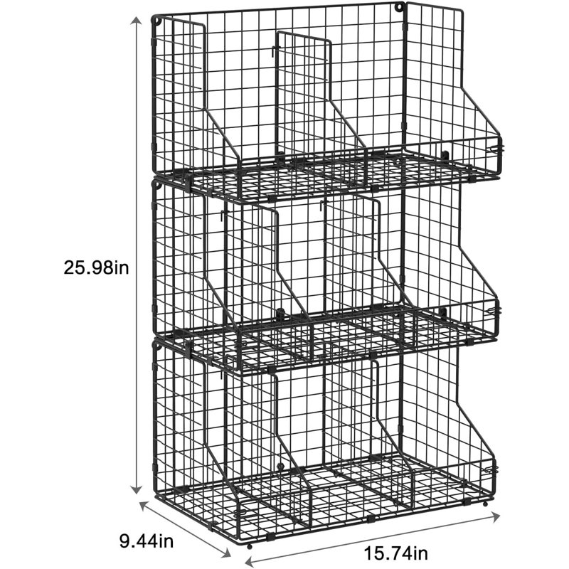 X-cosrack 3-Tier Large Stackable Steel Wire Basket, Multipurpose Food Storage with 5 Removable Dividers, Suitable for Snacks, Spices, Canned Foods, Black