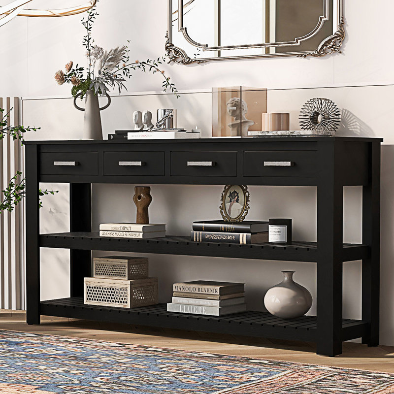 Console de style moderne avec 4 tiroirs et 2 tablettes, Noir