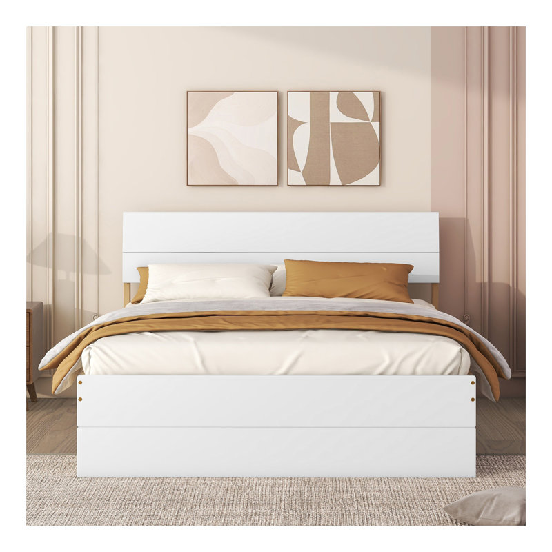 Cadre de lit double moderne avec lit gigogne simple et 2 tiroirs blanc brillant avec couleur chêne clair