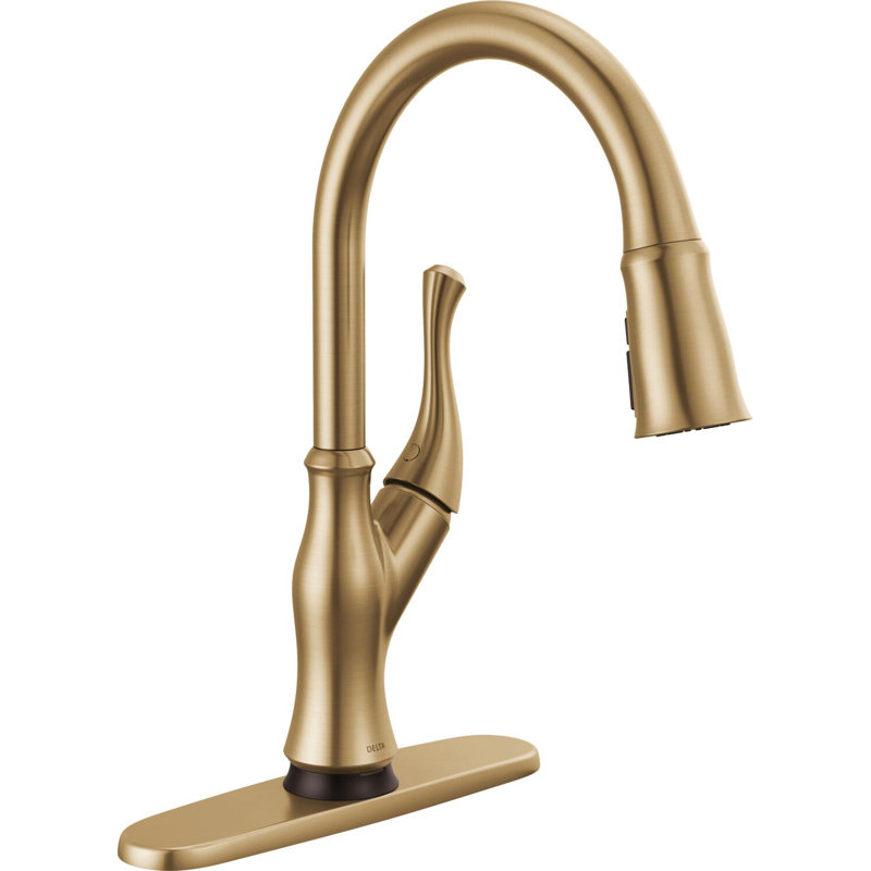 Robinet de cuisine Ophelia brossé à touche dorée avec douchette rétractable, robinet d'évier de cuisine moderne monotrou, poignée simple, bronze champagne
