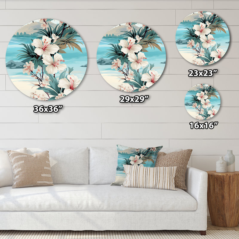 Motif tropical de reflets de bord de mer - Art abstrait rond en métal, H 16 po x l 16 po