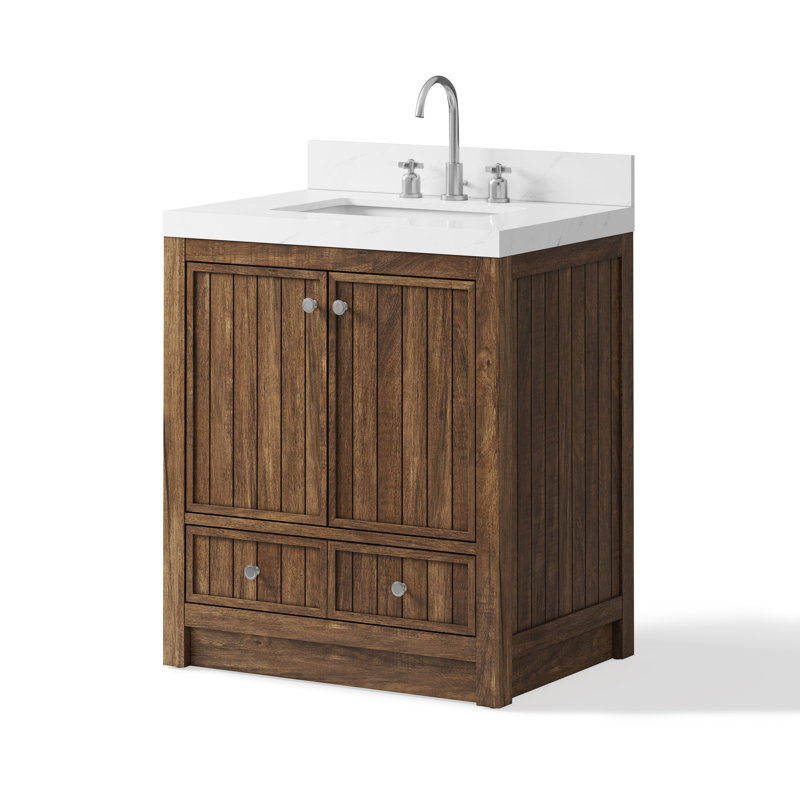 Meuble-lavabo 30 po avec comptoir en quartz blanc Thassos Aula, Brun noyer classique