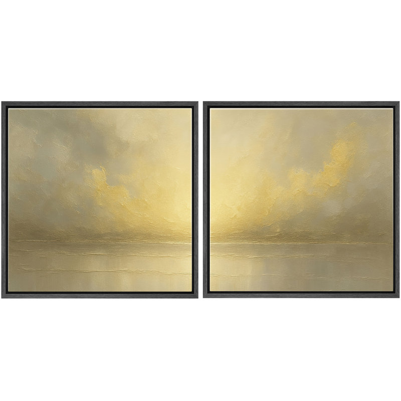 «Golden Glow Horizon», ensemble de 2 reproductions d'art mural encadrées, Cadre flottant noir, H 24 po x l 24 po