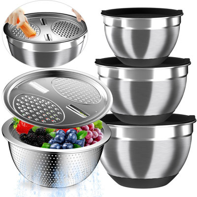 Stainless Steel Mixing Bowl Set with 3 Metal Nesting Bowls, Colander & Grater