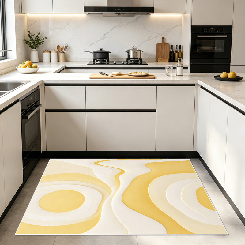 1PC Warm Yellow Off-white Wavy Circular Abstract area rugs for Living Room, Soft and Comfortable, Suitable for all seasons, easy-to-maintain, machine washable Indoor floor mat, Under Table Farmhouse suitable for dining room, bedroom, entryway,...