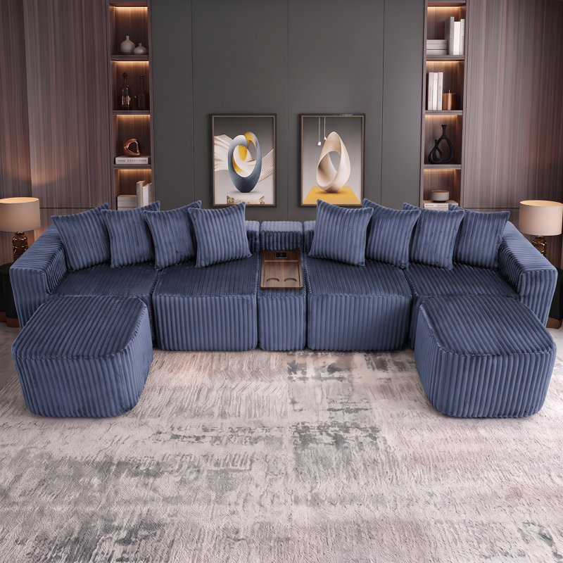 Canapé modulaire en U de 137,5 po avec chargement USB et sans fil, table basse avec porte-gobelets, repose-pieds mobile, disposition personnalisable